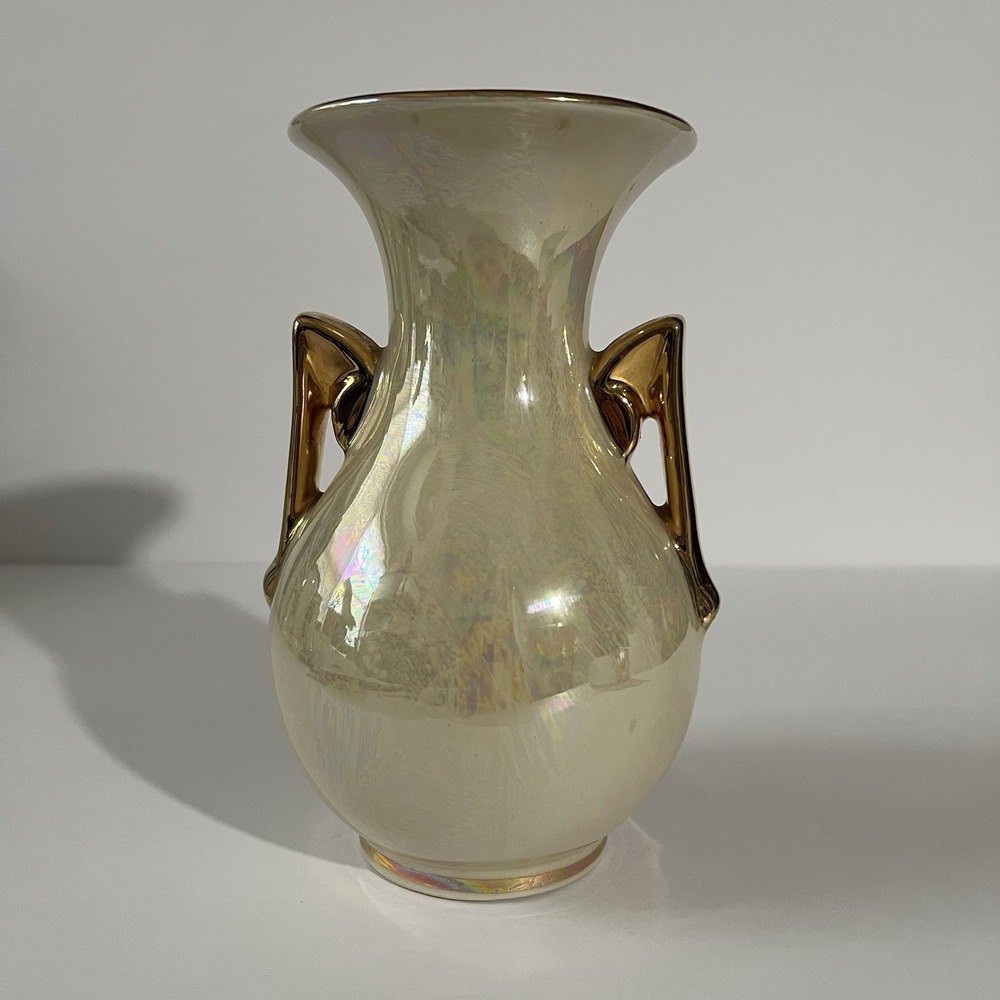 Vintage Pearl China Co Lusterware 9 inch Vase 22KT Gold Hand Painted‎